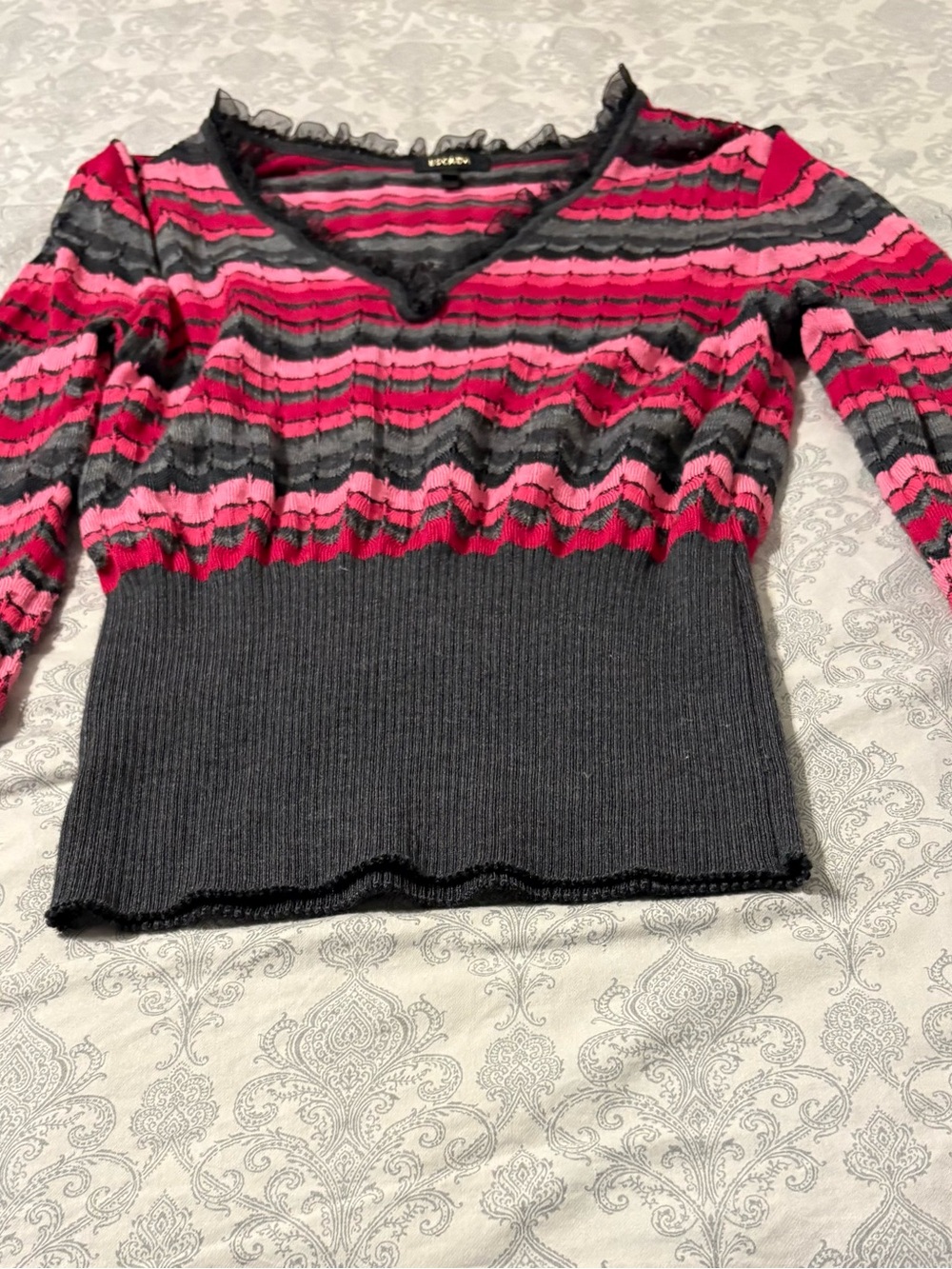 Escada Pink and Gray Striped Knit Top with Ruffle Trim